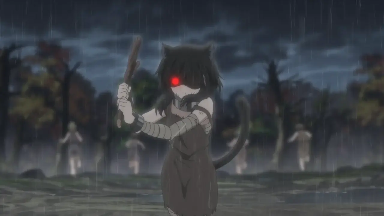 Fran de la tribu de los gatos negros bajo la lluvia en Reincarnated as a Sword, antihéroe con pasado de esclavitud