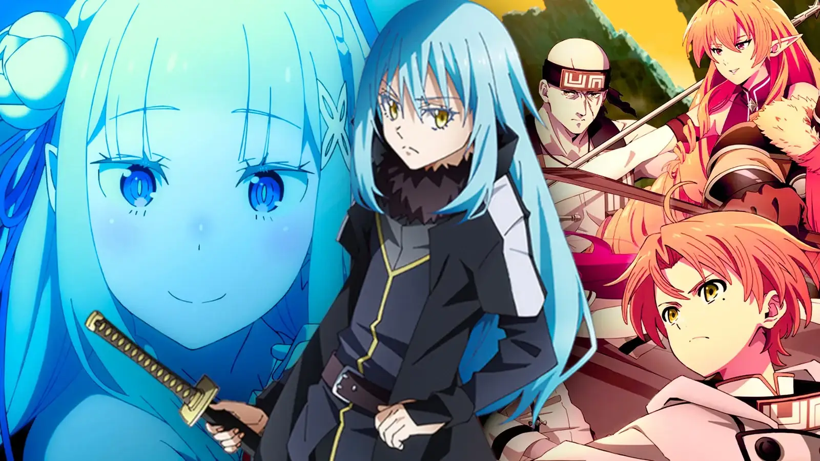Rimuru Tempest en forma humana junto a personajes de Mushoku Tensei, anime Isekai de reencarnación y fantasía