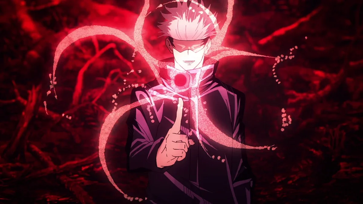 Gojo activando el Rojo en Jujutsu Kaisen, la Inversión de Técnica del Limitless que duplica el poder destructivo
