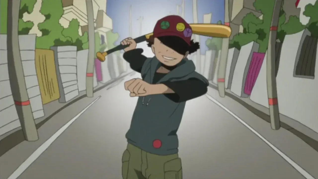 Shounen Bat corriendo con su bate de béisbol dorado, el villano icónico de Paranoia Agent