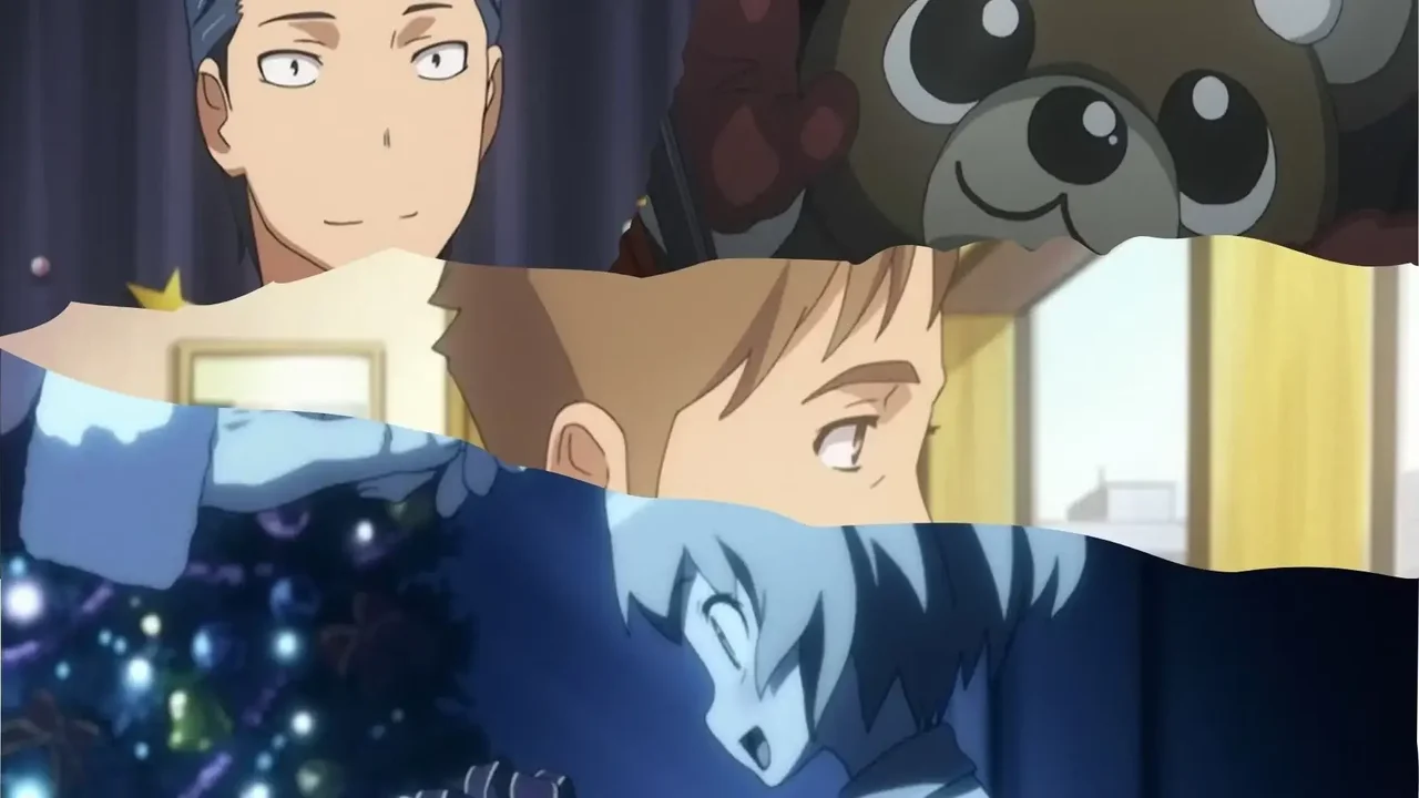Ryuuji disfrazado de oso Santa Claus entrando por la ventana de Taiga en el episodio de Navidad de Toradora
