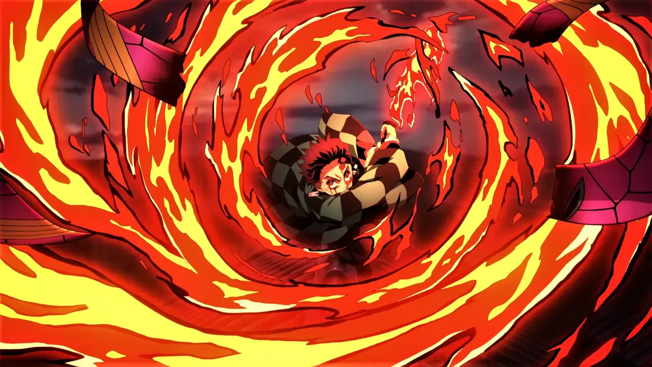 Tanjiro Kamado ejecutando el Hinokami Kagura o Danza del Dios del Fuego en Demon Slayer