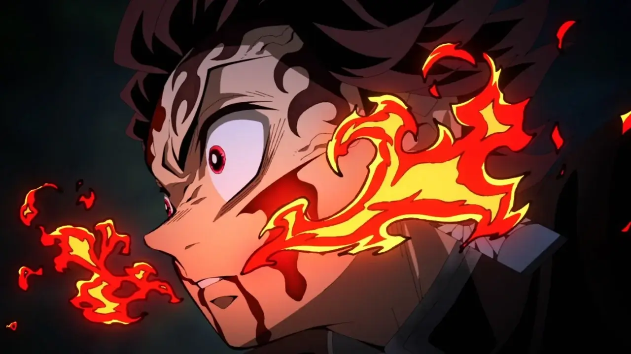 Tanjiro Kamado rodeado de llamas durante una técnica del Hinokami Kagura en Demon Slayer