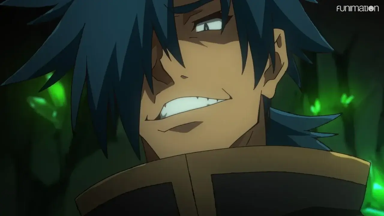 Kinji Ninomiya con sonrisa arrogante rodeado de luces verdes en The Dungeon of Black Company