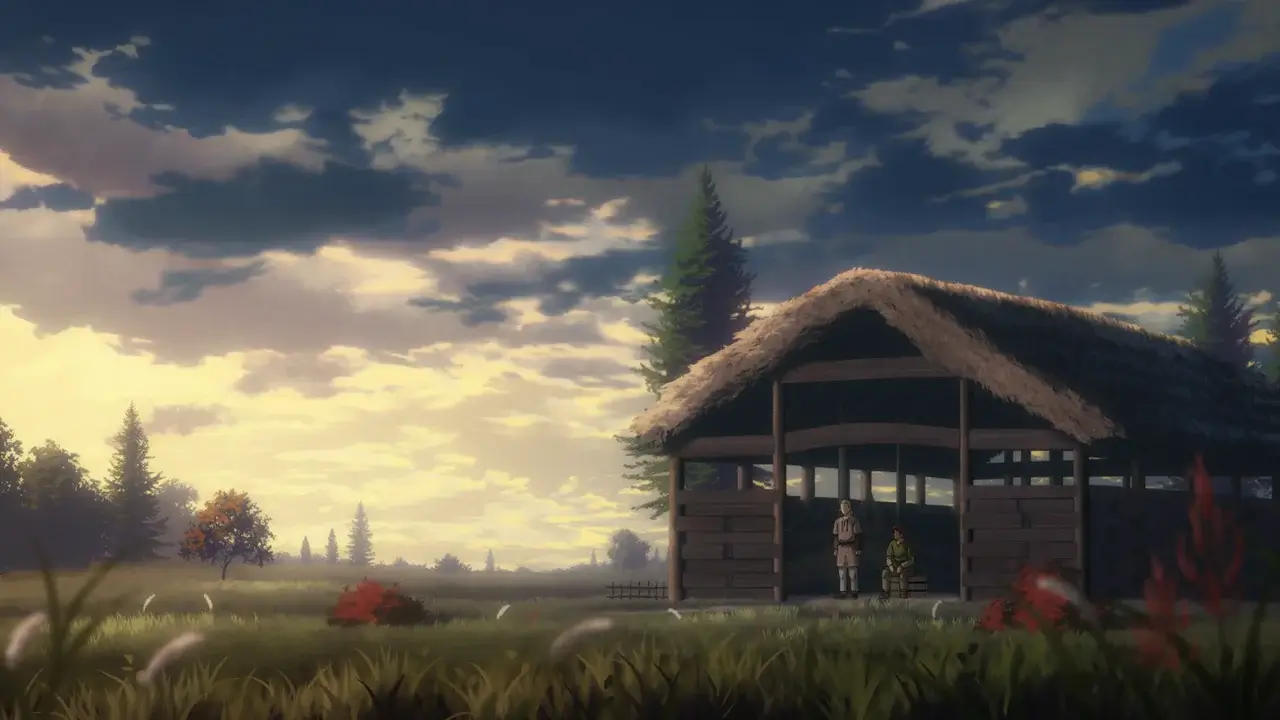 Thorfinn y Einar junto a un granero en la granja de Ketil durante un hermoso atardecer