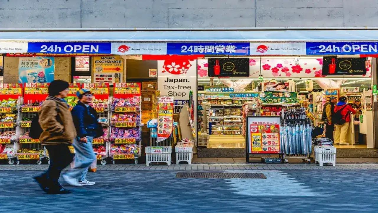 Fachada de una tienda libre de impuestos (Tax-Free) y droguería abierta las 24 horas en Akihabara, Japón, con turistas caminando.
