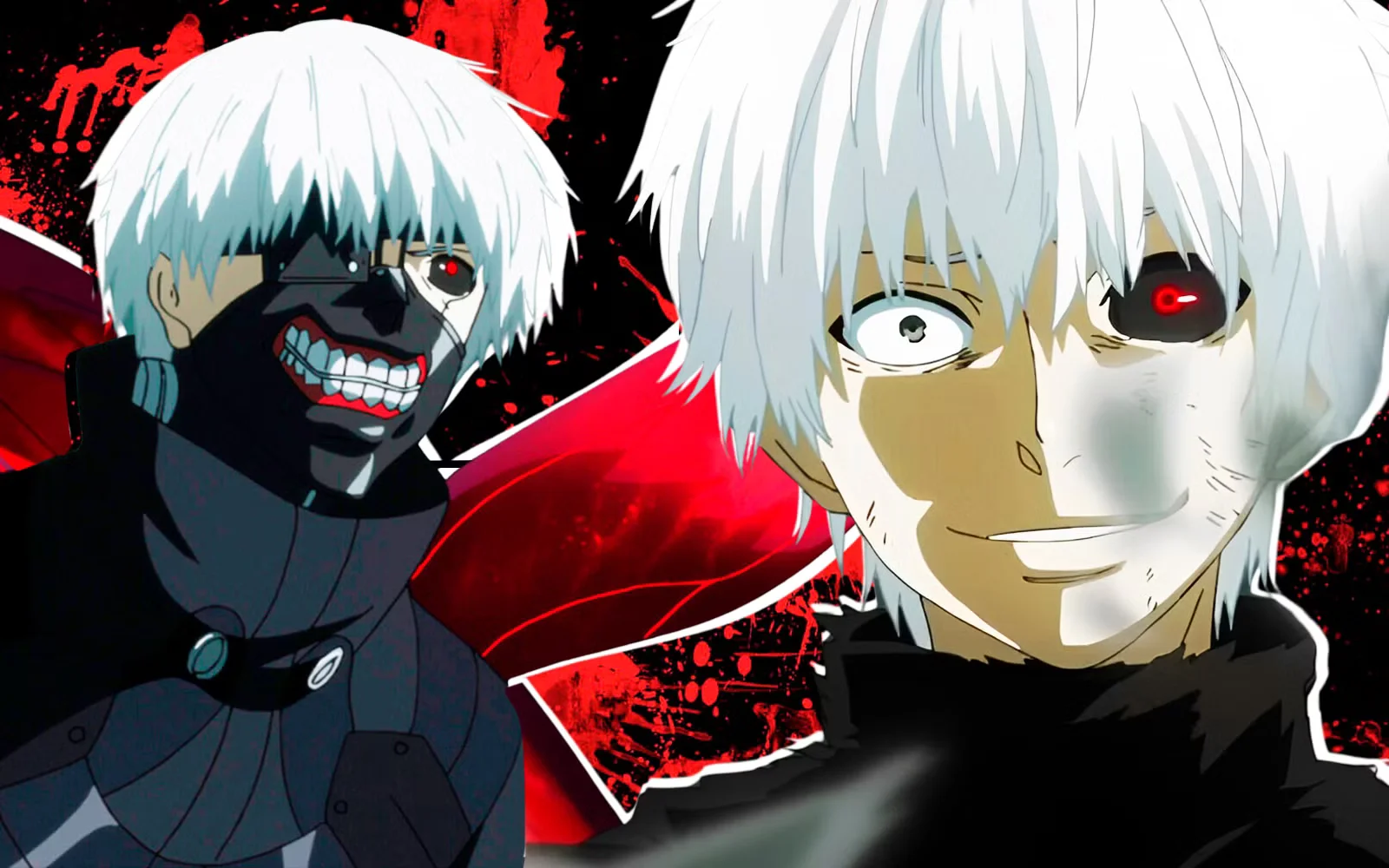 Ken Kaneki en el anime Tokyo Ghoul Root A, mostrando un contraste entre su aterradora máscara de ghoul y su rostro con cabello blanco y el ojo rojo kakugan activado
