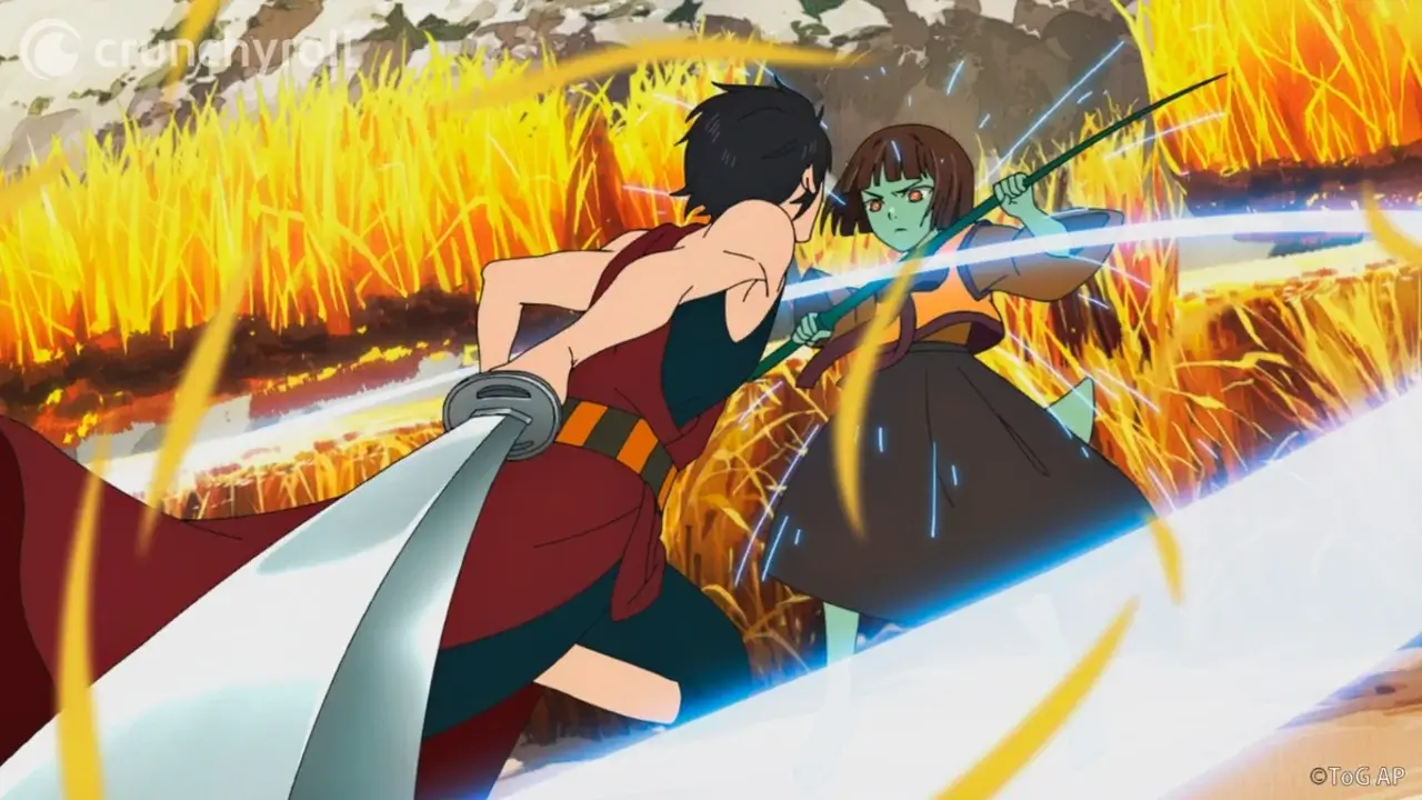 Hatz y Anaak Jahad cruzando espadas en un combate rodeado de pasto en Tower of God