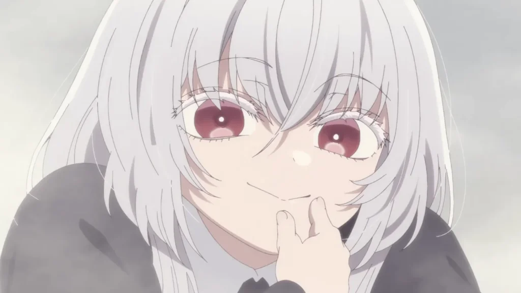 Tsukuyomi la Niña Cuervo con expresión misteriosa y ojos rojos en primer plano en Oshi no Ko