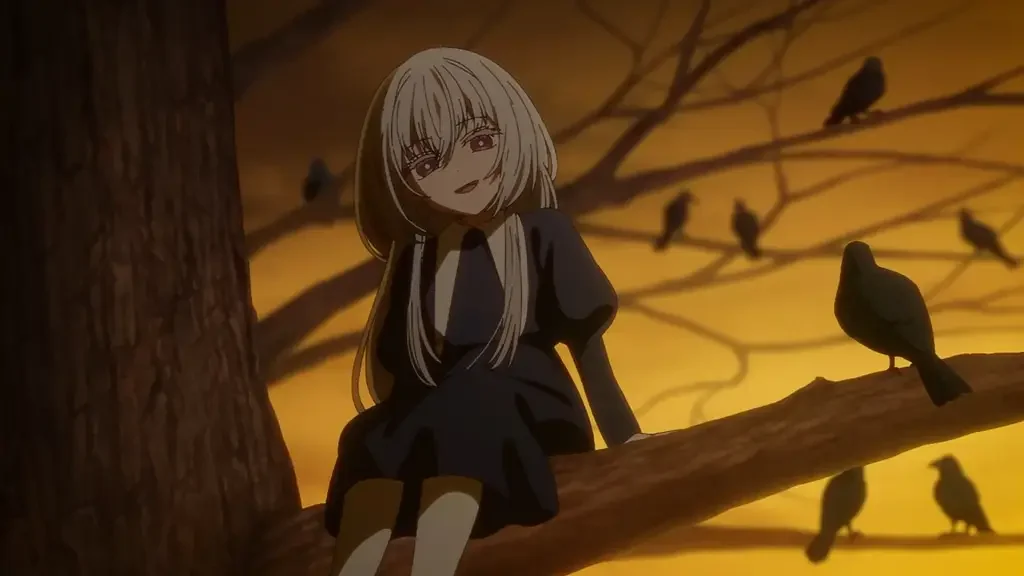 Tsukuyomi la Niña Cuervo sentada en un árbol rodeada de cuervos al atardecer en Oshi no Ko