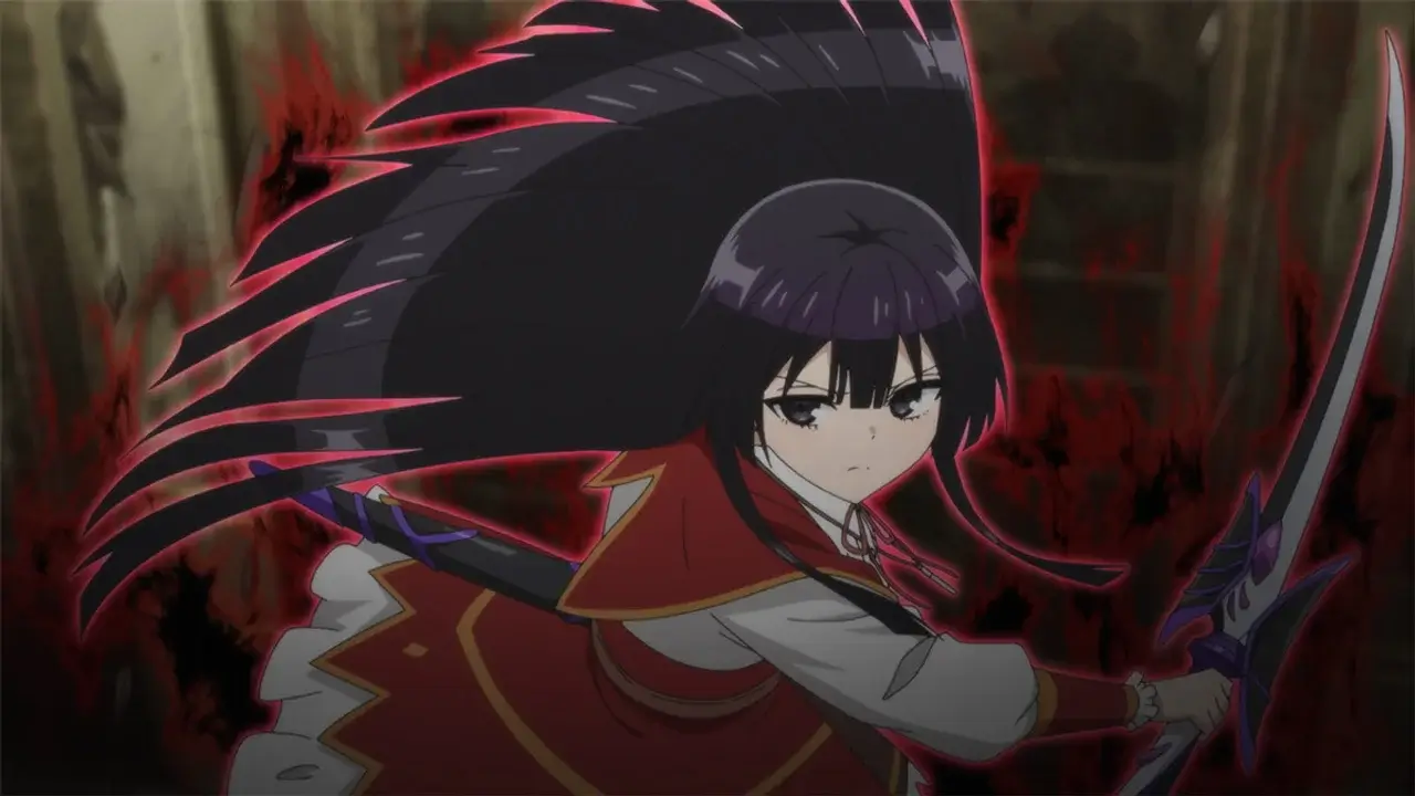 Yumiella Dolkness con aura oscura y espada en Akuyaku Reijou Level 99, la villana reencarnada de nivel 99