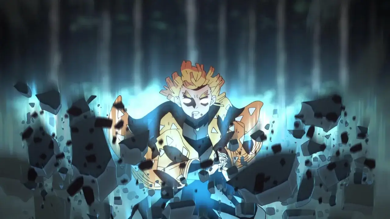 Zenitsu Agatsuma ejecutando la Respiración del Trueno en Demon Slayer entre rocas y destellos azules