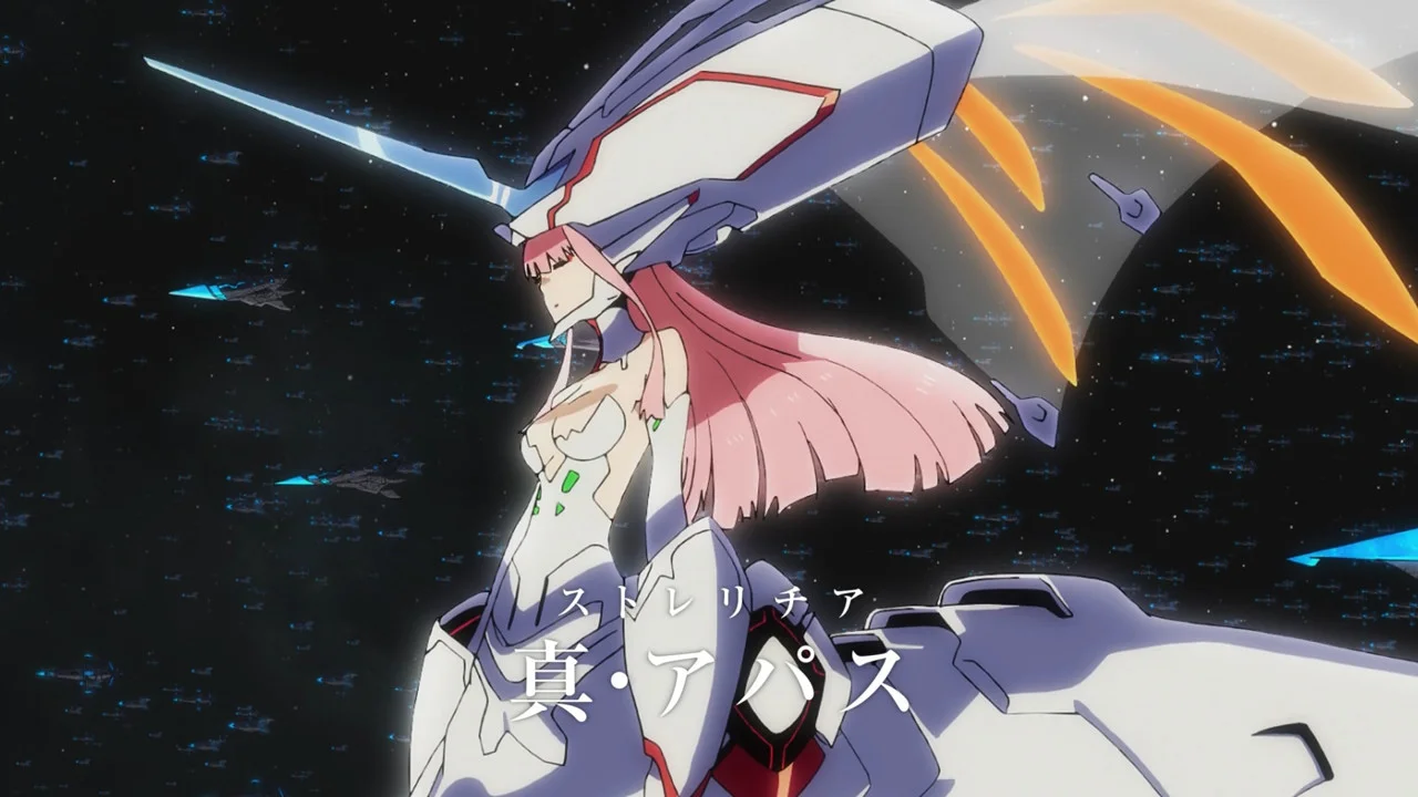Zero Two en su forma final gigante Strelizia True Apus flotando en el espacio exterior, escena culminante del anime mecha Darling in the Franxx