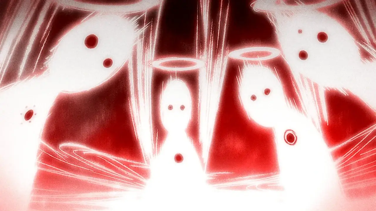 Gigantes de luz blancos con halos emergiendo sobre un cielo rojo en Rebuild of Evangelion