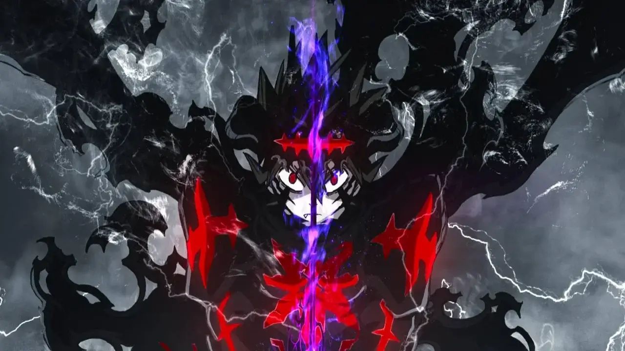 Asta en su forma de unión demoníaca con rayos rojos y morados, escena clave del regreso de Black Clover temporada 2