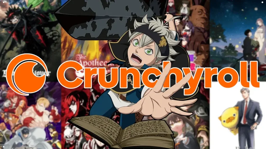 Asta de Black Clover junto al logo de Crunchyroll, banner del catálogo de anime disponible en la plataforma