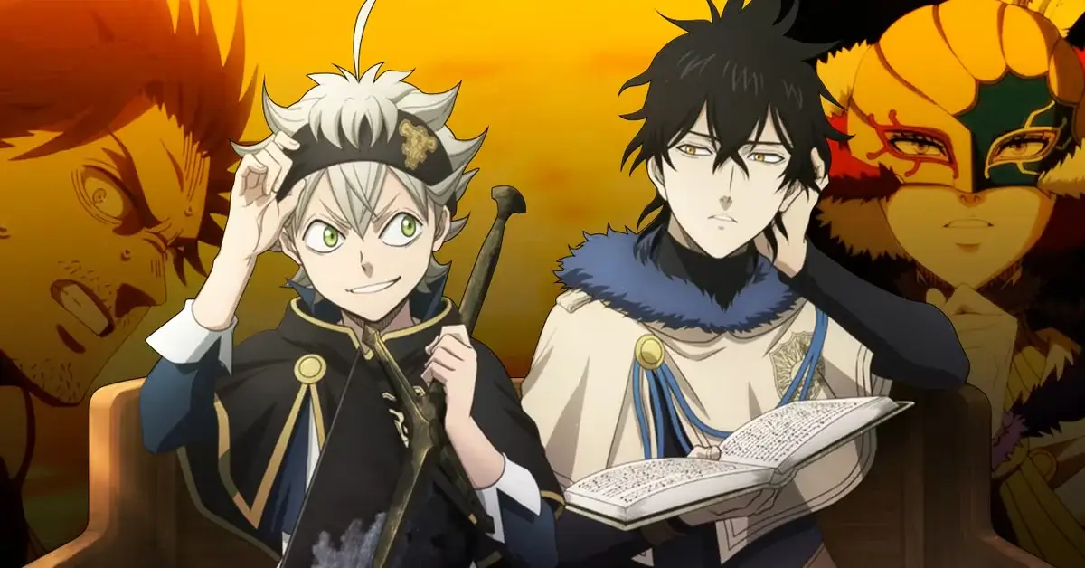 Asta y Yuno en el Reino del Trébol, con Yami Sukehiro y William Vangeance de fondo en Black Clover