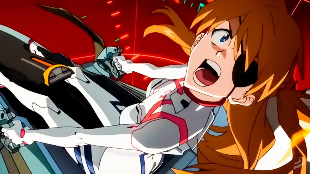 Asuka Langley gritando dentro de la cabina del EVA rodeada de alertas rojas en Evangelion