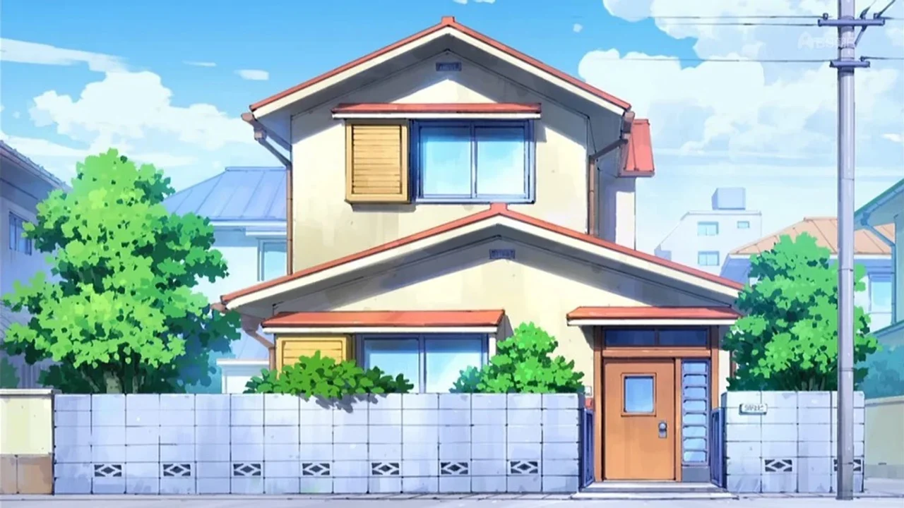 Fachada exterior de la casa de Nobita en Doraemon, ejemplo clásico de vivienda familiar japonesa de dos pisos en el anime