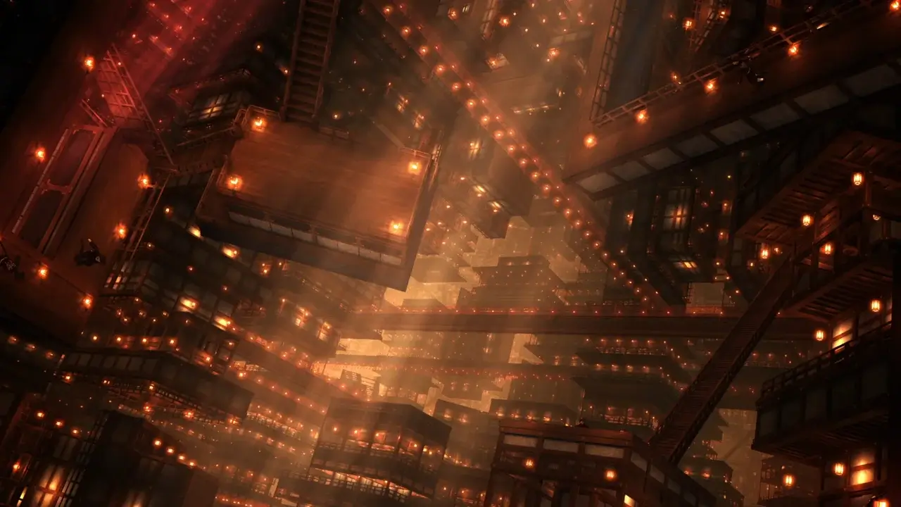 Vista en perspectiva de la arquitectura dimensional e imposible del Castillo Infinito de Demon Slayer, con pasillos de madera iluminados en tonos carmesí