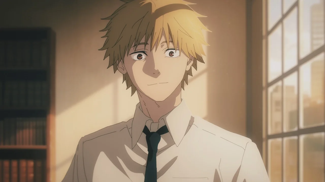 Denji con sonrisa tímida y mirada de lado iluminado por la luz del atardecer, momento tranquilo en Chainsaw Man