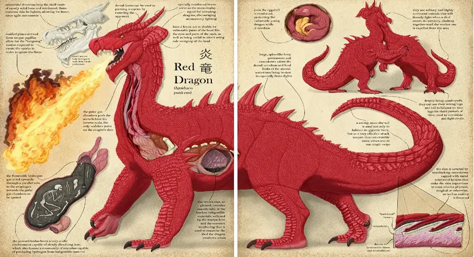 Anatomía interna del Dragón Rojo en Dungeon Meshi: diagrama de sus órganos, glándulas de fuego y esqueleto