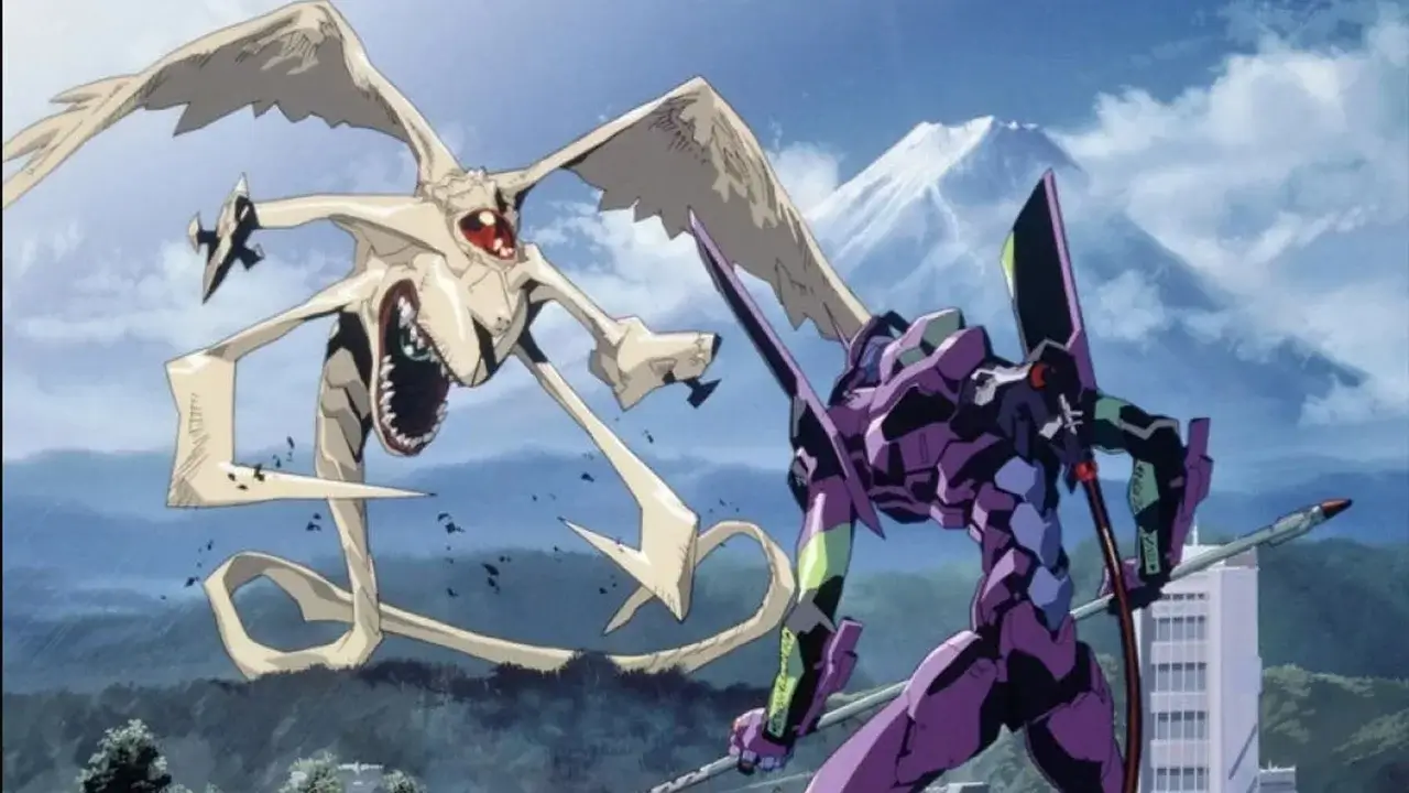 El EVA-01 con lanza enfrentándose a un Ángel alado frente al Monte Fuji en Evangelion