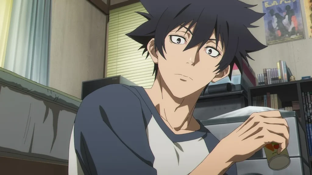 Jiro Azuma con expresión de sorpresa sosteniendo una lata en su habitación, escena del anime Black Torch