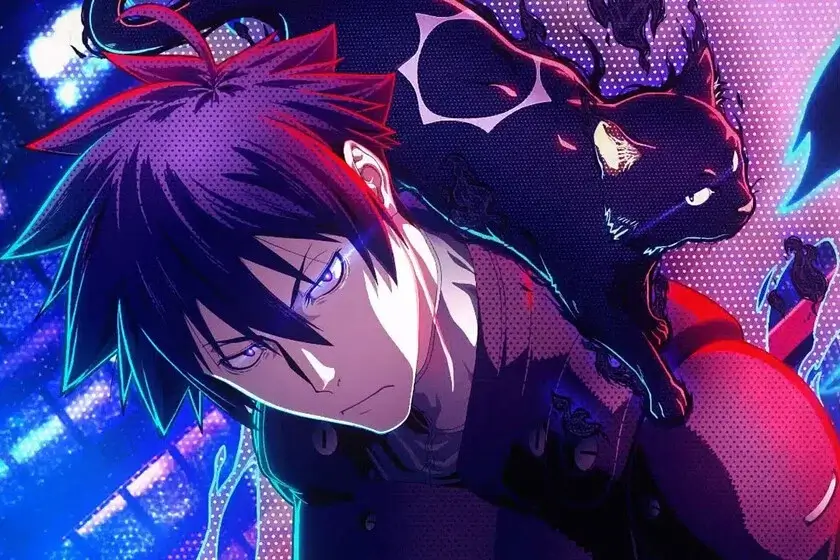 Arte de Black Torch con Jiro Azuma y el gato demonio Rago bajo luces neón