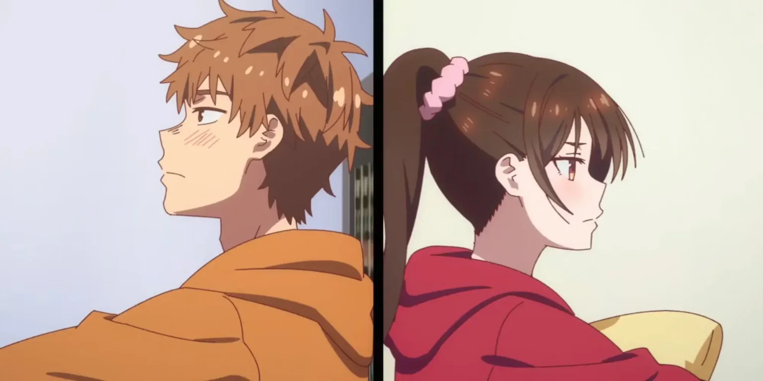 Kazuya y Chizuru sonrojados en su habitación, la pareja de Rent-a-Girlfriend atrapada en un bucle romántico