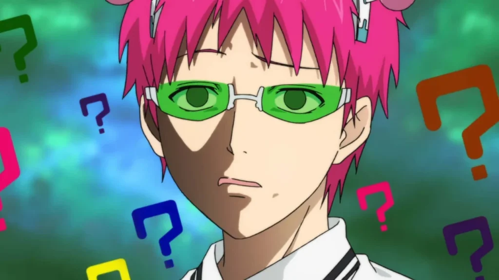 Kusuo Saiki de The Disastrous Life of Saiki K. rodeado de signos de interrogación de colores, expresando confusión ante los misterios del anime
