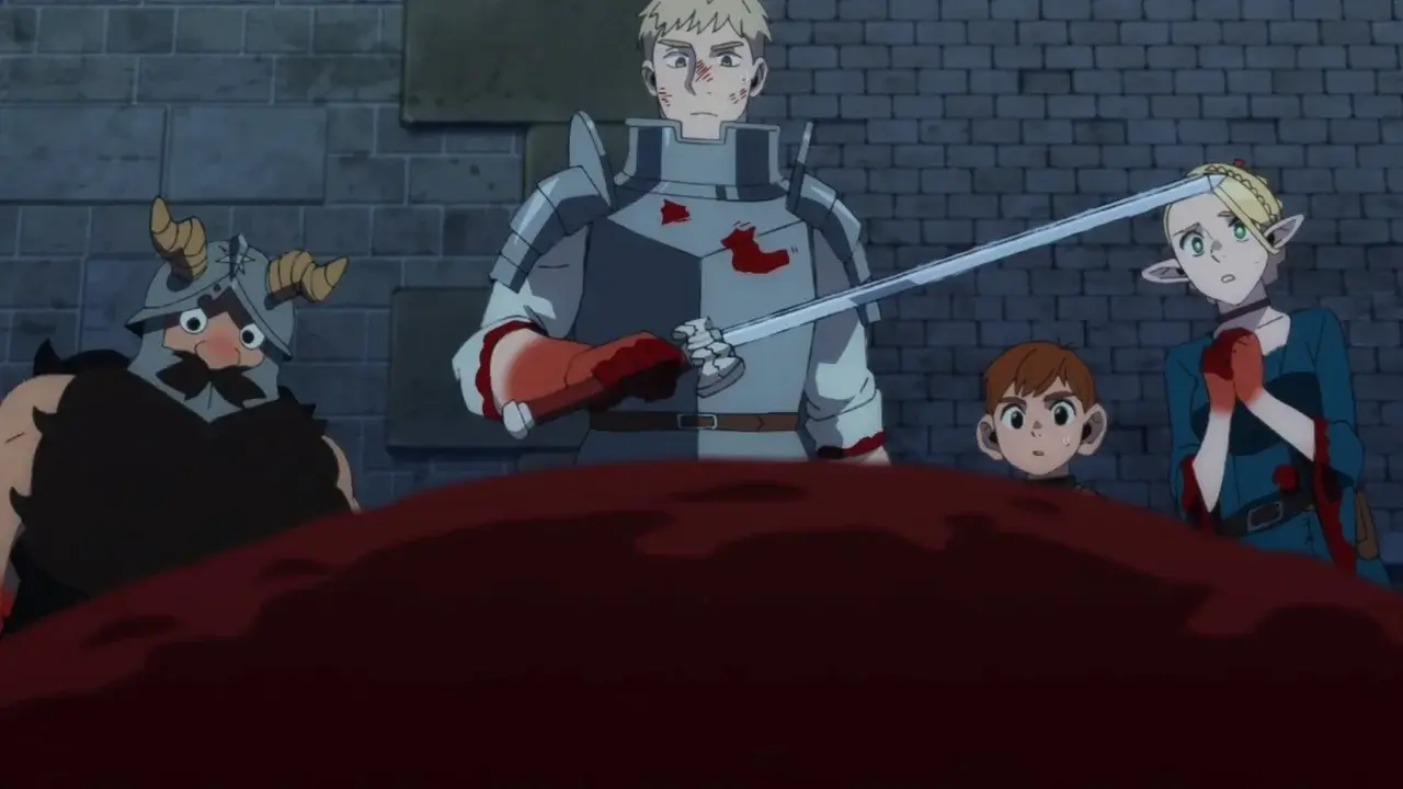 El grupo de Laios, Senshi, Chilchuck y Marcille frente al cadáver del Dragón Rojo en Dungeon Meshi