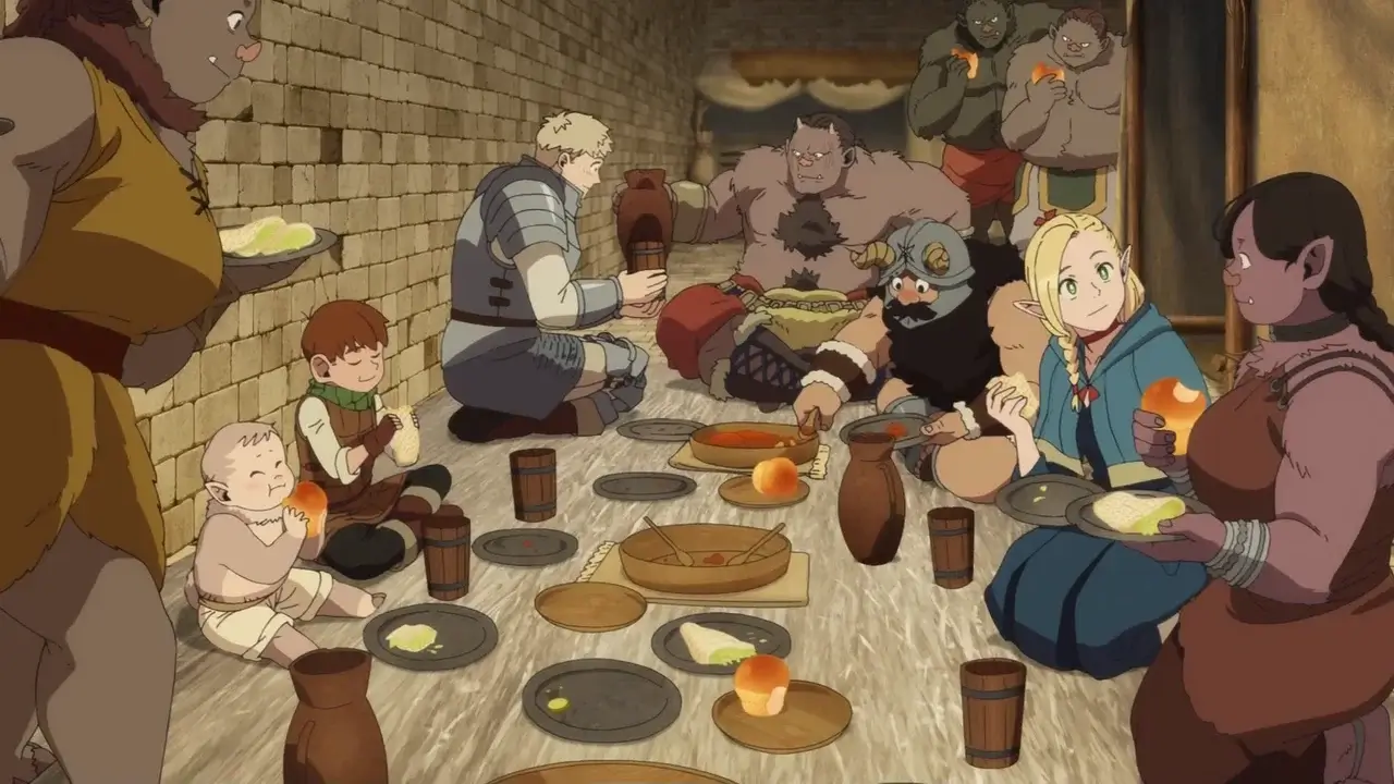 Laios y el grupo compartiendo un banquete con orcos en una escena de convivencia de Dungeon Meshi