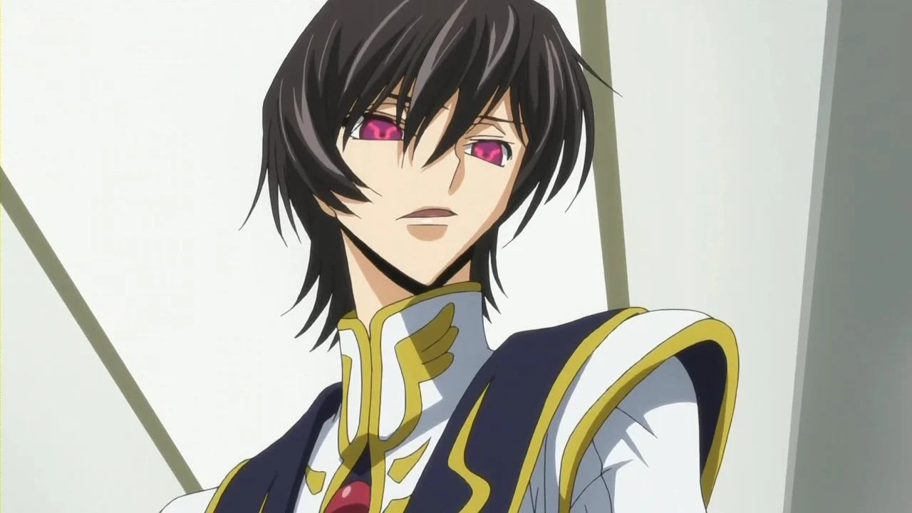 Lelouch vi Britannia con ambos ojos del Geass brillando en rosa, mirada de lado con uniforme militar en Code Geass