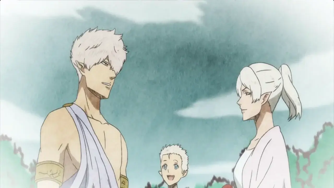 Tribu de los elfos del anime Black Clover: Licht, el joven Patolli en el centro y Tetia a la derecha, mirándose de perfil en un entorno natural.
