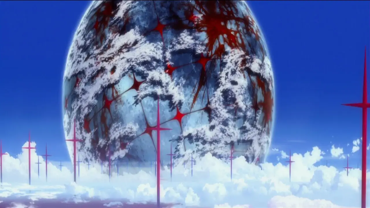 La Luna Negra manchada de sangre entre cruces de luz durante el Tercer Impacto en Rebuild of Evangelion