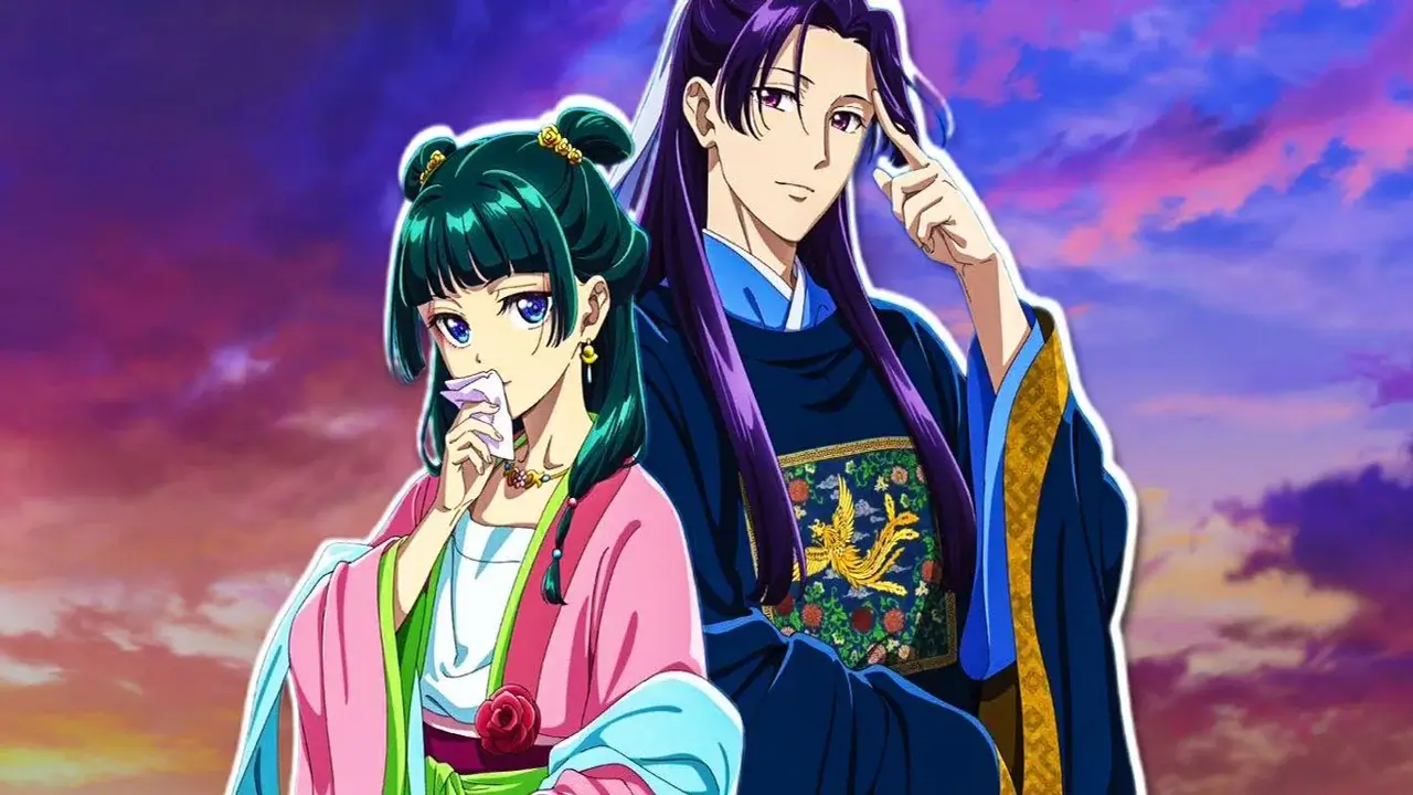 Maomao y Jinshi al atardecer con vestimenta tradicional china, escena de The Apothecary Diaries (Kusuriya no Hitorigoto) temporada 3