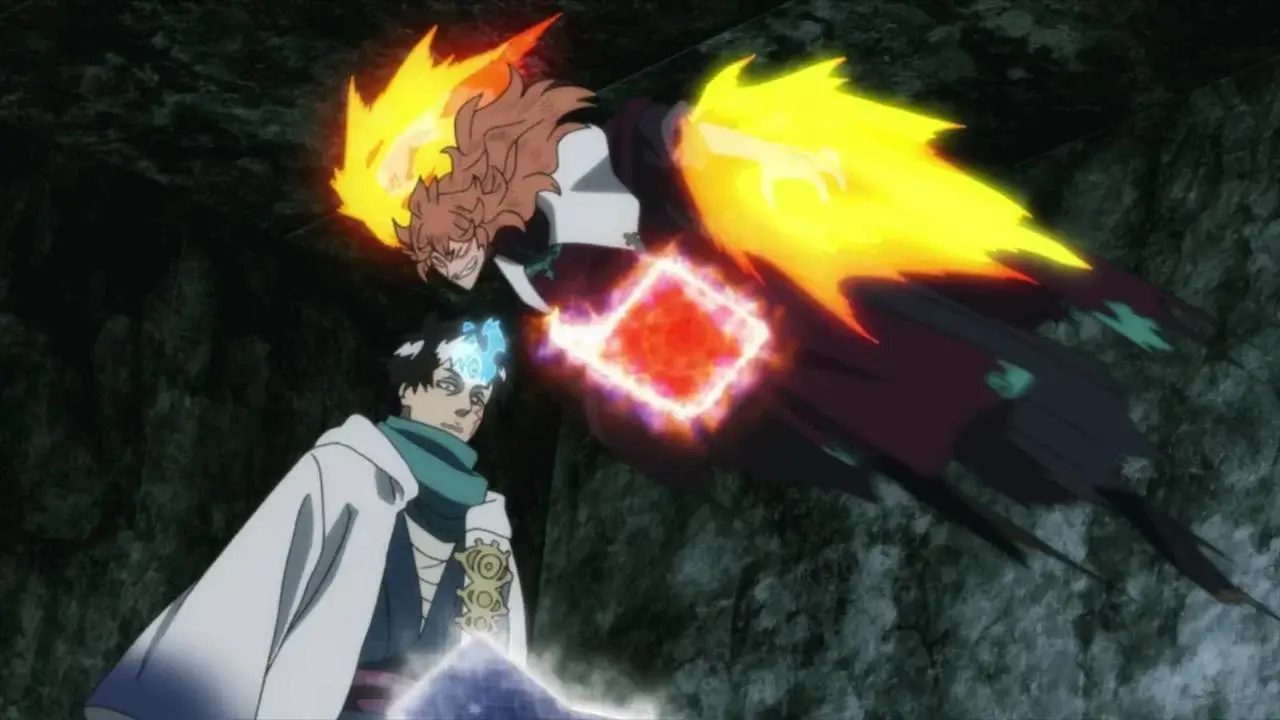 Mereoleona Vermillion usa el Mana Zone contra Rhya en un combate mágico dentro de una cueva