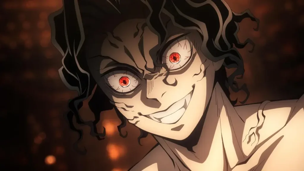 Muzan Kibutsuji con su característica sonrisa diabólica y ojos inyectados en sangre en el interior del Castillo Infinito, Demon Slayer