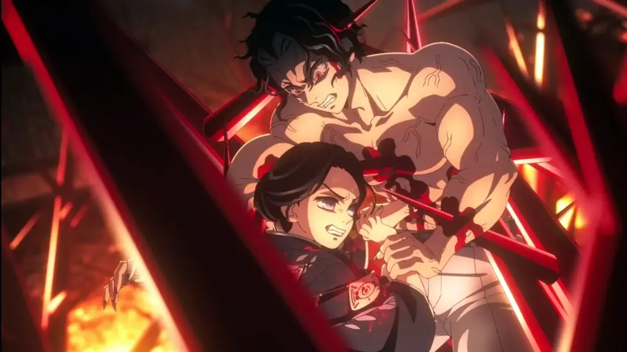 Muzan Kibutsuji atrapado en una trampa de picos de carne creada por Tamayo durante la batalla del Castillo Infinito en Demon Slayer