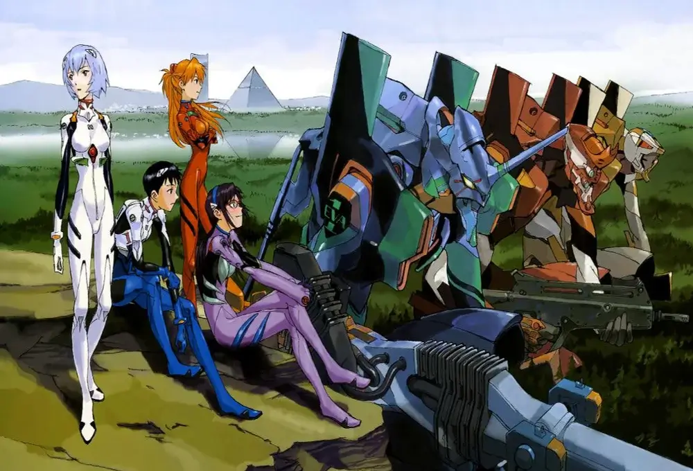 Rei, Shinji, Asuka y Mari con sus plugsuits junto a las Unidades EVA en una colina, Rebuild of Evangelion