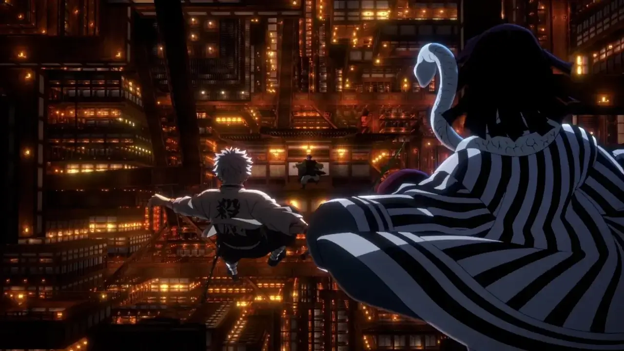Los Hashira Sanemi Shinazugawa, Obanai Iguro y Gyomei Himejima combatiendo dentro del Castillo Infinito en Demon Slayer: Infinity Castle
