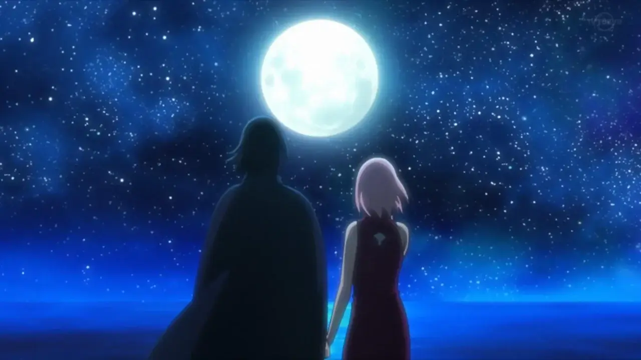 Sasuke y Sakura tomados de la mano bajo la luna llena en Naruto, la pareja canon más criticada