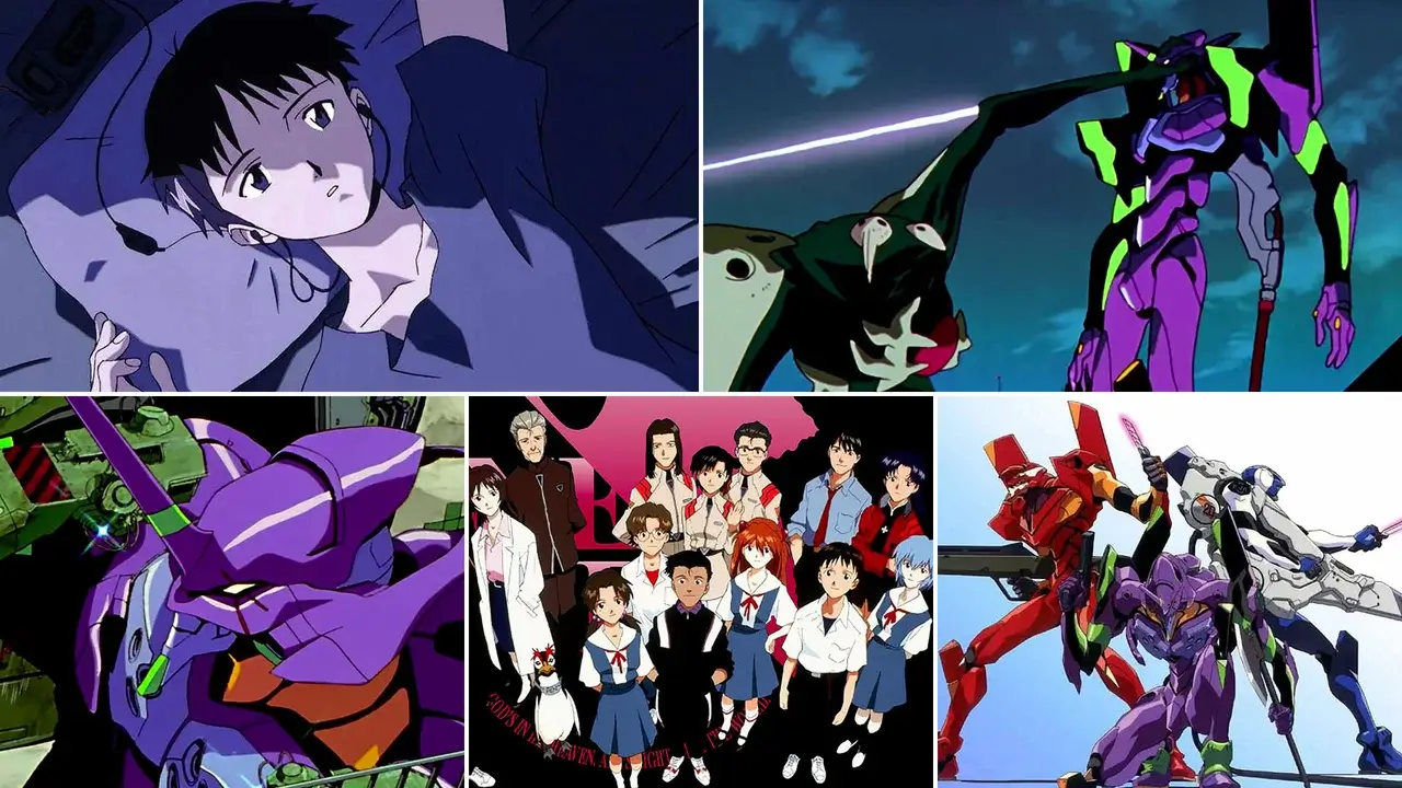 Collage de escenas de Neon Genesis Evangelion con Shinji Ikari, los EVA y el reparto completo