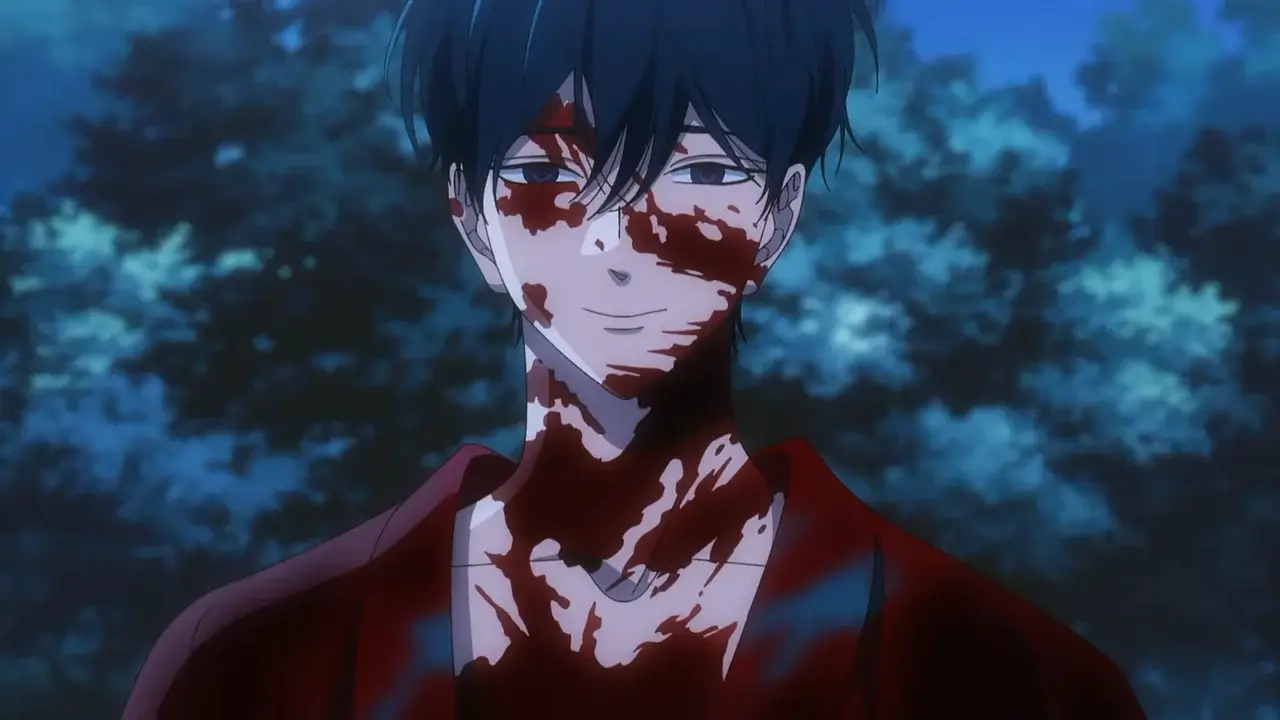 Shinpei Goto con el rostro cubierto de sangre, el asesino protagonista del anime Firefly Wedding (Hotaru no Yomeiri)