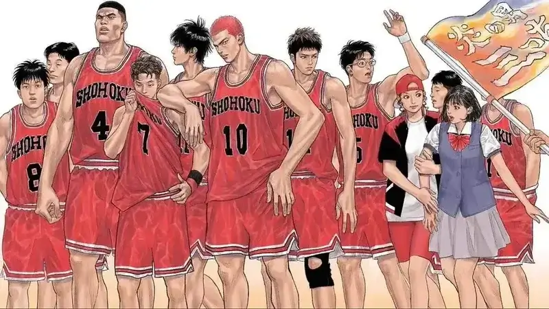 Ilustración del equipo completo de baloncesto Shohoku en el manga Slam Dunk, incluyendo a Sakuragi y Rukawa
