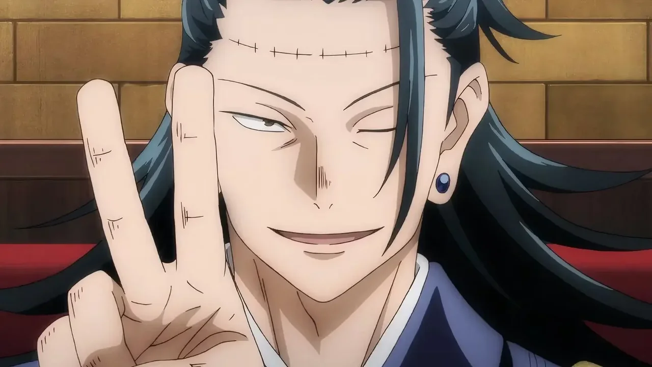 Suguru Geto haciendo la señal de paz con los dedos, el villano de Jujutsu Kaisen que ejemplifica el Efecto Halo y la desvinculación moral del fandom