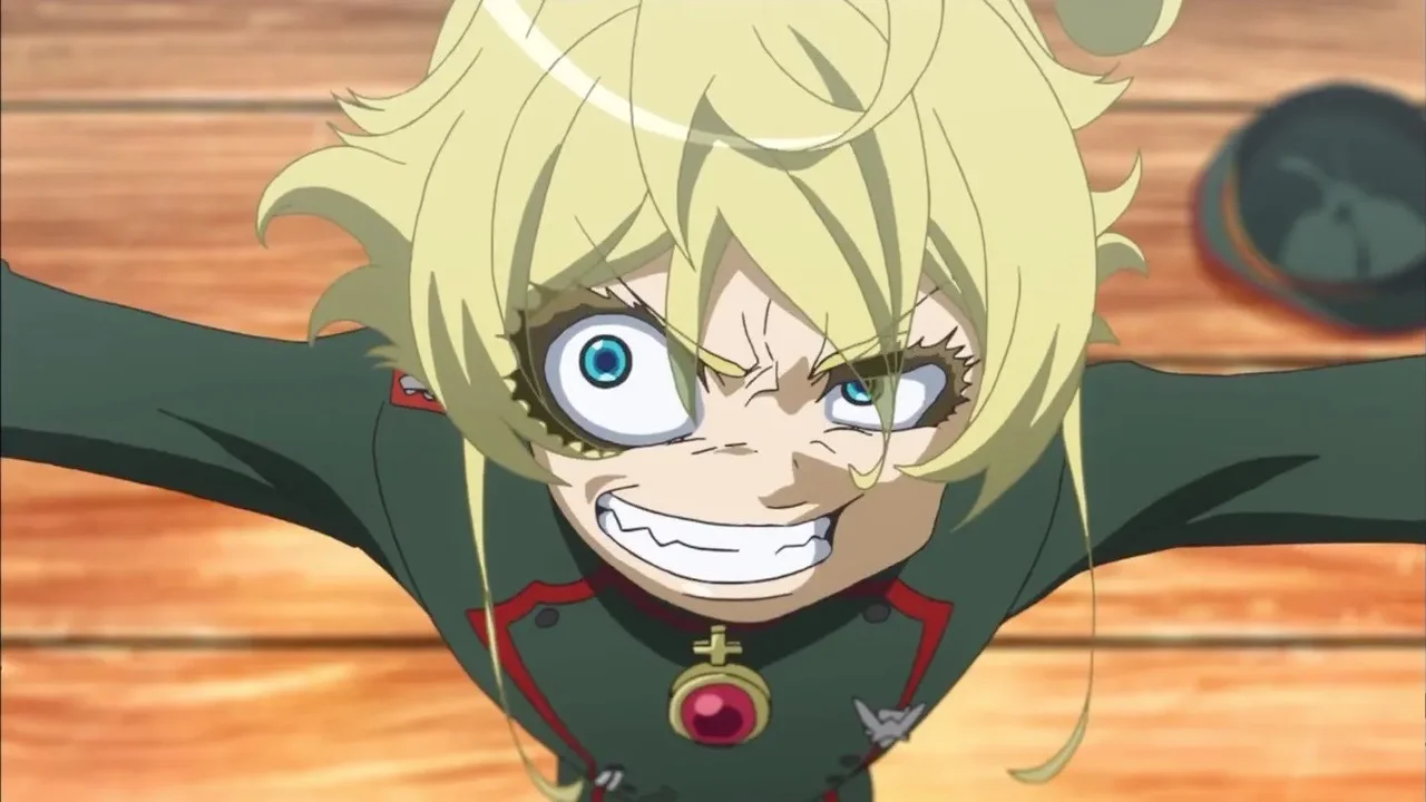 Tanya Degurechaff con sonrisa maníaca y ojo mecánico visible, expresión de locura en Saga of Tanya the Evil