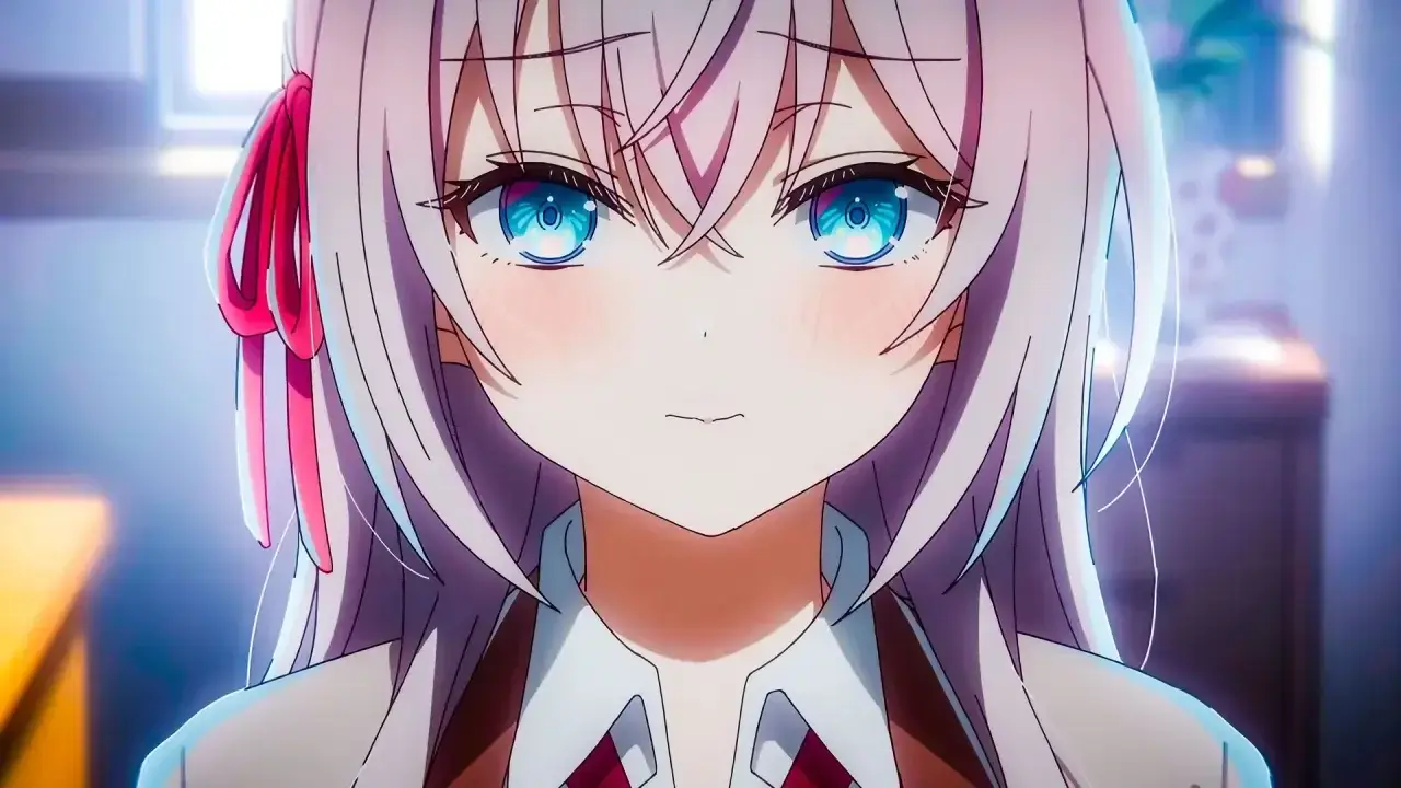 Primer plano de Alya Kujou con mirada tierna y sonrojada, personaje principal de Roshidere