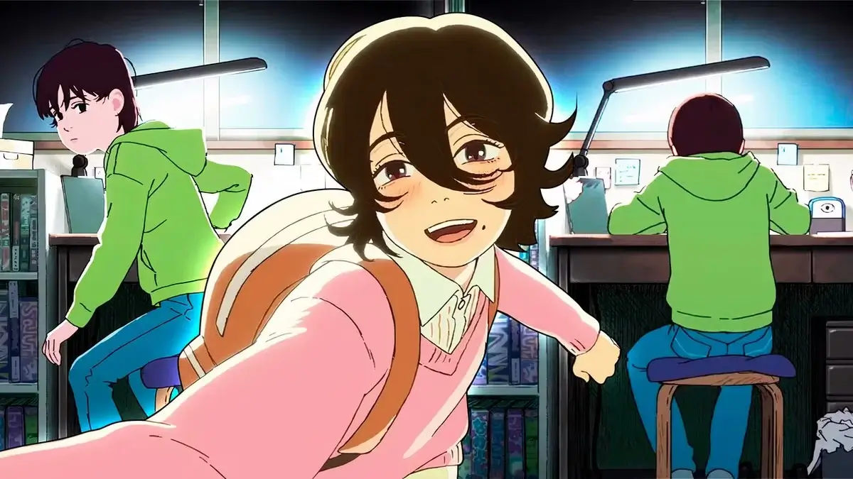 Ayumu Fujino dibujando manga en su escritorio de la escuela con una lámpara de mesa, protagonista de Look Back de Tatsuki Fujimoto